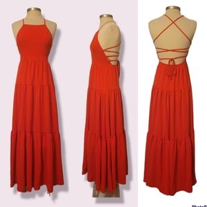 SHEIN Lace-Up Halter Tiered Ruffled Maxi Dress